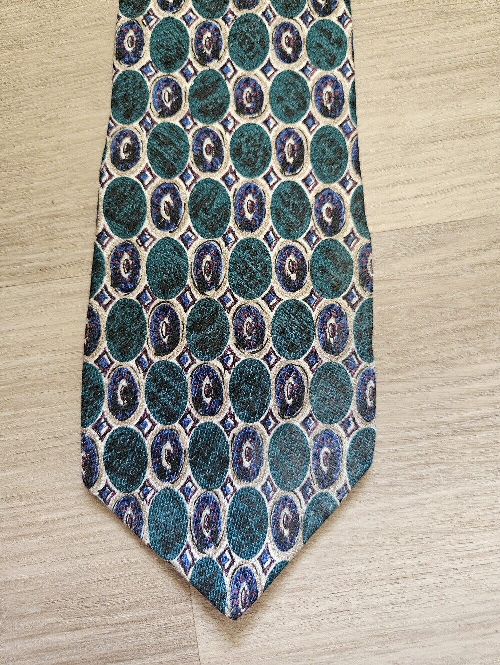 Tom James Silk Tie Teal Blue Geometric Medallion Circle Pattern Designer Necktie